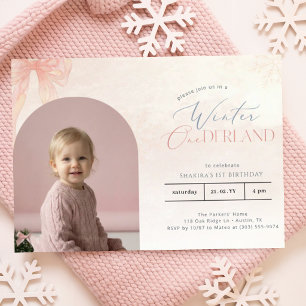 Winter Onederland Rosa Bogen Foto 1. Geburtstag Einladung