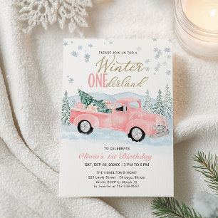 Winter Onederland Rosa Lastwagen Erster Geburtstag Einladung