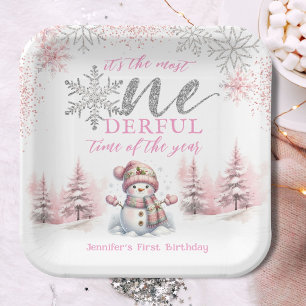 Winter ONEderland Rosa Mädchen Weihnachten 1. Gebu Pappteller