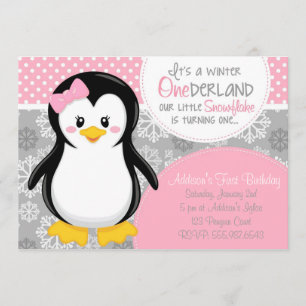 Winter ONEderland rosa Pinguin-Einladung Einladung