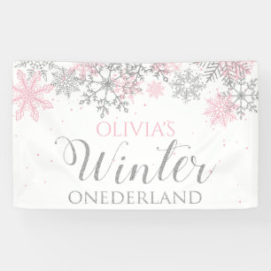 Winter Onederland Rosa Silber Schnee Erster Geburt Banner