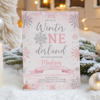 Winter Onederland Rosa Silber Schneeflocken Geburt Einladung