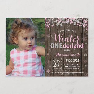 Winter Onederland rosa silbernes Mädchen-1. Einladung