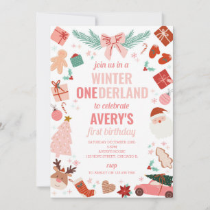 Winter Onederland Rosa Weihnachtsmädchen 1. Geburt Einladung