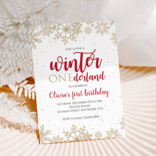 Winter Onederland Rot 1. Geburtstag Gold Schneeflo Einladung