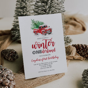 Winter Onederland roter LKW erster Geburtstag Einladung