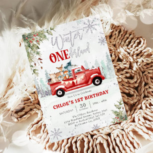 Winter ONEderland Roter LKW Mädchen 1. Geburtstag  Einladung