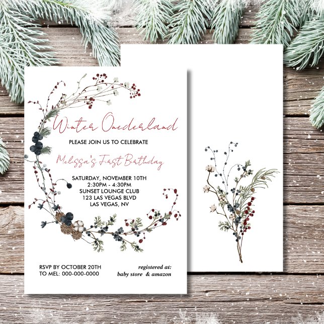 Winter onederland rustic berry boho first birthday einladung (Von Creator hochgeladen)