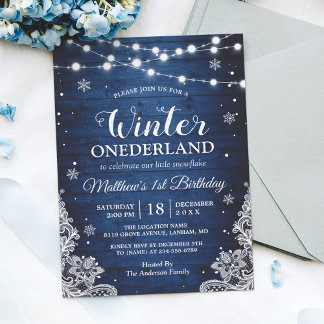 Winter ONEderland Rustic Blue Baby Erstgeburt Einladung