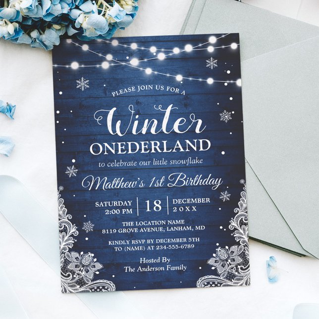 Winter ONEderland Rustic Blue Baby Erstgeburt Einladung (Von Creator hochgeladen)