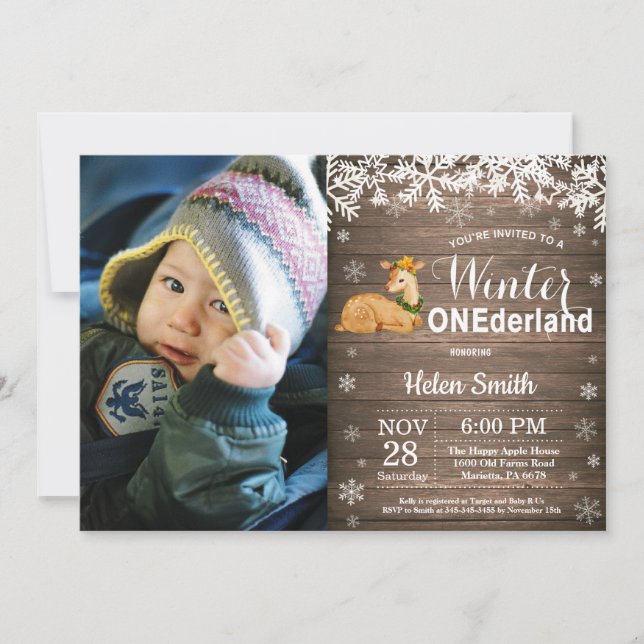 Winter Onederland Rustic Deer 1. Geburtstag Einladung (Vorderseite)