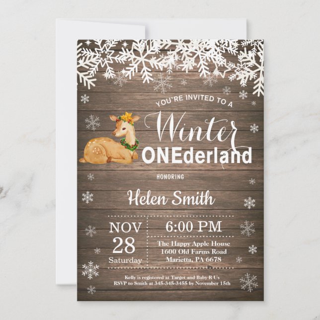 Winter Onederland Rustic Deer 1. Geburtstag Einladung (Vorderseite)