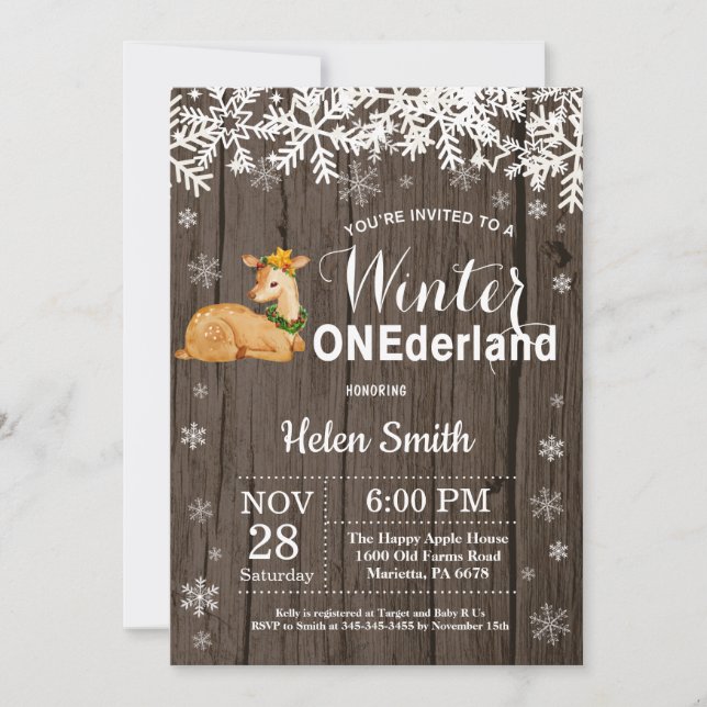 Winter Onederland Rustic Deer 1. Geburtstag Einladung (Vorderseite)