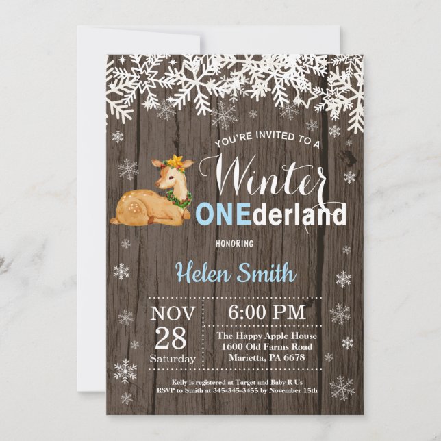 Winter Onederland Rustic Deer Boy 1. Geburtstag Einladung (Vorderseite)