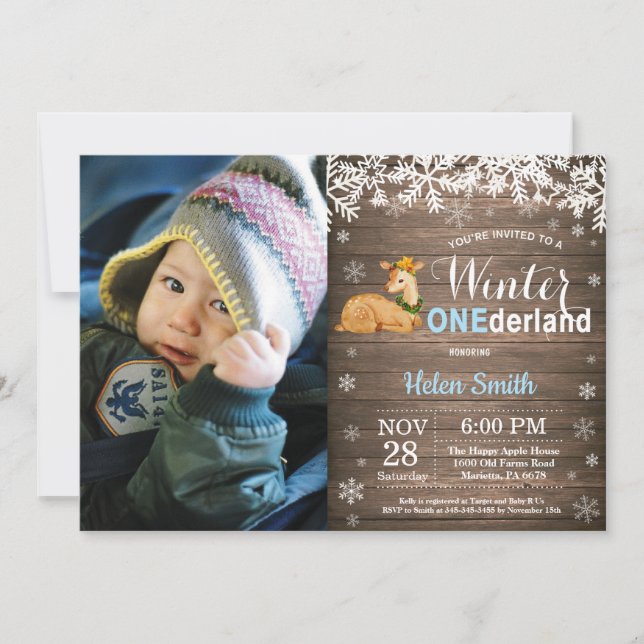Winter Onederland Rustic Deer Boy 1. Geburtstag Einladung (Vorderseite)