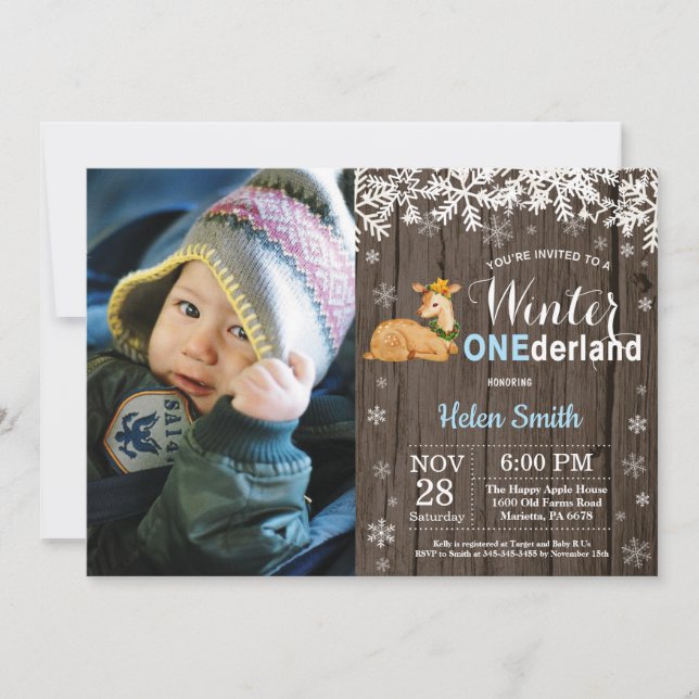 Winter Onederland Rustic Deer Boy 1. Geburtstag Einladung (Vorderseite)