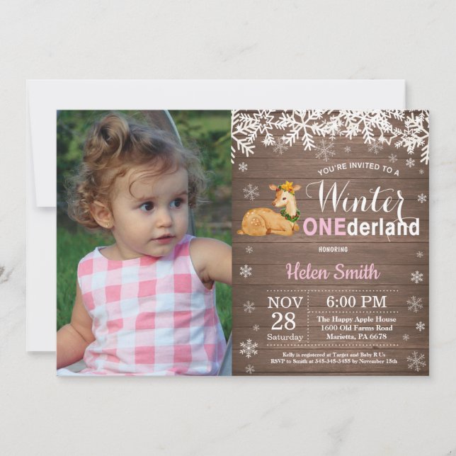 Winter Onederland Rustic Deer Girl 1. Geburtstag Einladung (Vorderseite)