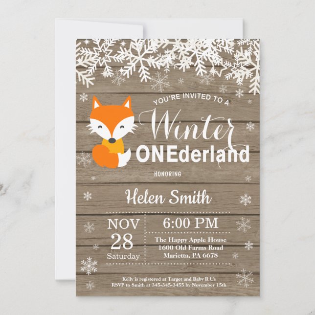 Winter Onederland Rustic Fox 1. Geburtstag Einladung (Vorderseite)
