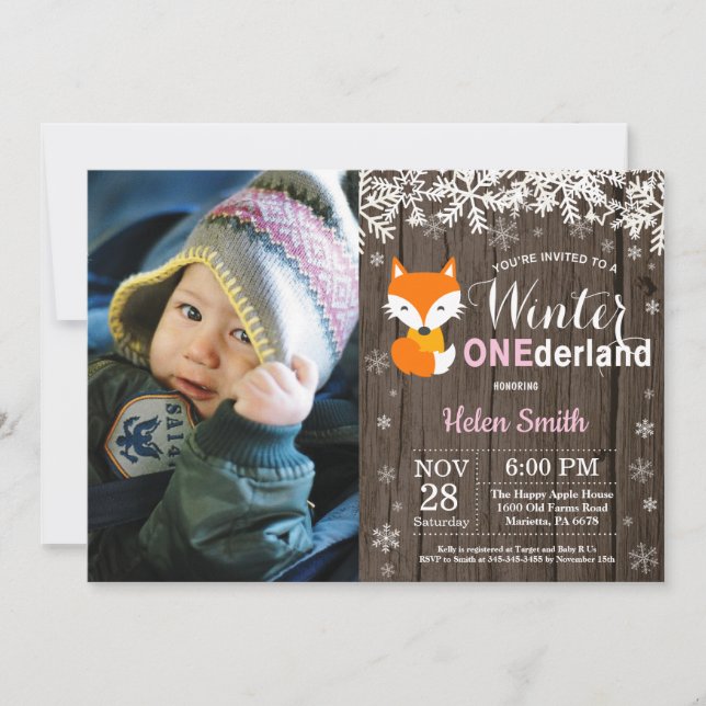 Winter Onederland Rustic Fox Girl 1. Geburtstag Einladung (Vorderseite)