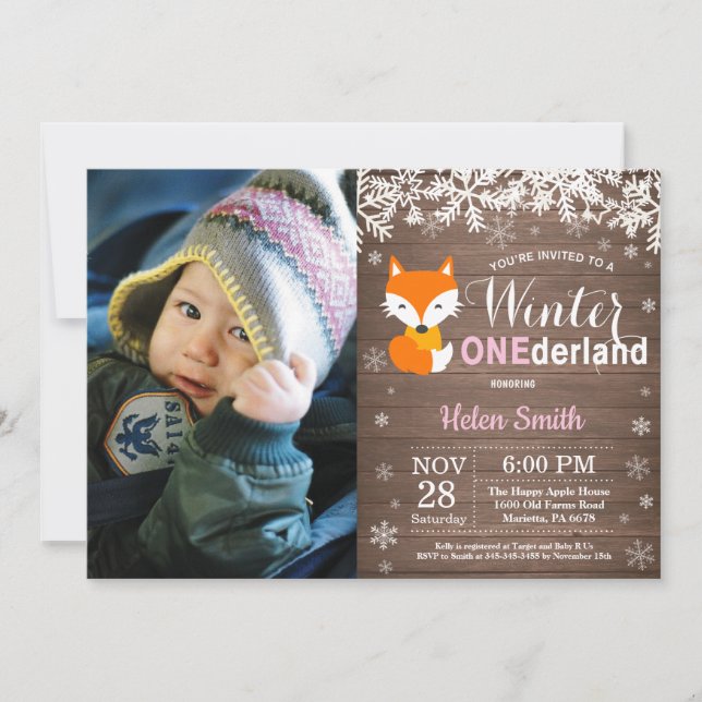 Winter Onederland Rustic Fox Girl 1. Geburtstag Einladung (Vorderseite)