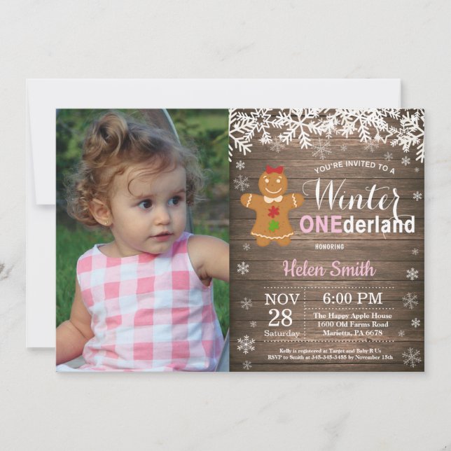 Winter Onederland Rustic Girl 1. Geburtstag Einladung (Vorderseite)