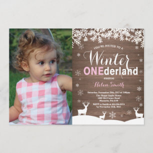Winter Onederland Rustic Girl 1. Geburtstag Foto Einladung
