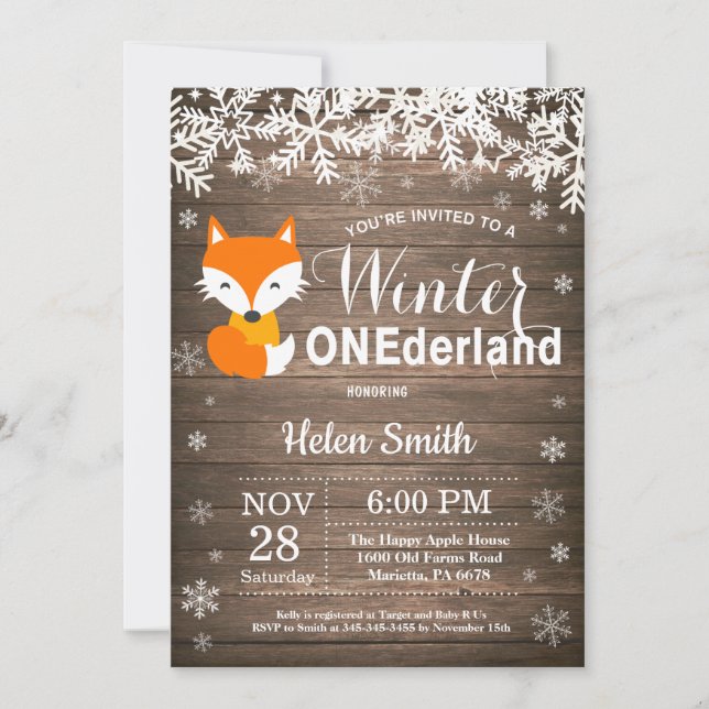 Winter Onederland rustikaler 1. Geburtstag Fox Einladung (Vorderseite)