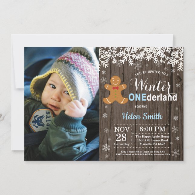 Winter Onederland Rustikaler Junge 1. Geburtstag Einladung (Vorderseite)