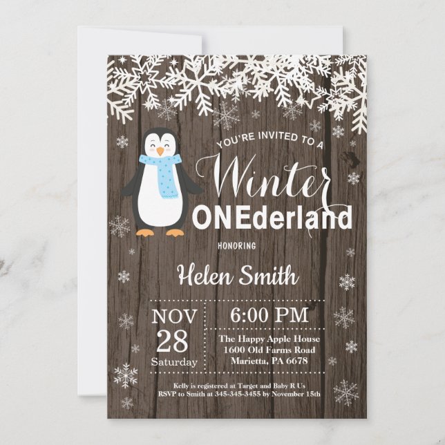 Winter Onederland Rustikaler Pinguin Boy 1. Geburt Einladung (Vorderseite)