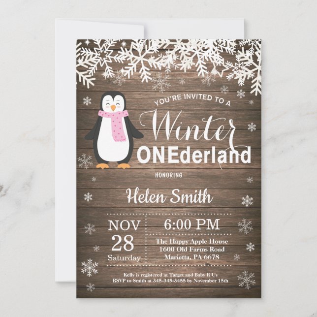 Winter Onederland Rustikales Penguin Girl 1. Gebur Einladung (Vorderseite)