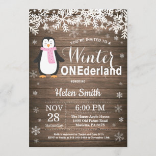 Winter Onederland Rustikales Penguin Girl 1. Gebur Einladung