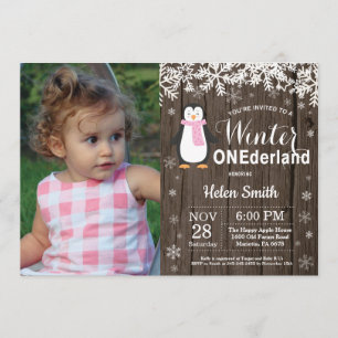 Winter Onederland rustikales Pinguin-Mädchen-1. Einladung
