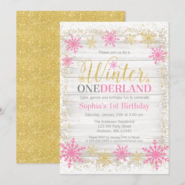 Winter ONEderland Schnee Rosa Gold 1. Geburtstag Einladung (Vorne/Hinten)