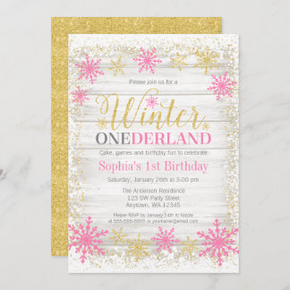 Winter ONEderland Schnee Rosa Gold 1. Geburtstag Einladung