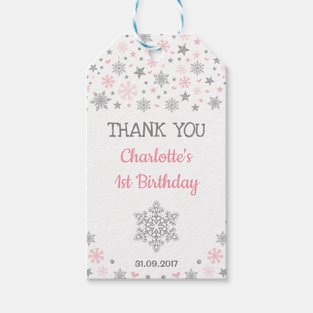 Winter ONEderland Schneeflocken Rosa Silberner Geb Geschenkanhänger (Vorderseite)