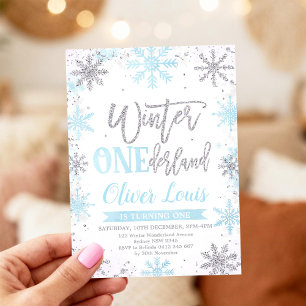 Winter ONEderland Silber Blau 1. Geburtstag  Einladung