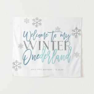 Winter ONEderland Silber Glitter Blau Willkommenss Wandteppich