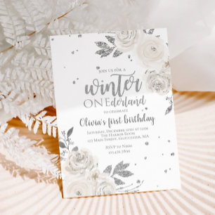 Winter Onederland Silber Glitter Blumen Einladung