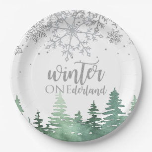 Winter Onederland Silberne Schneeflocken und Bäume Pappteller