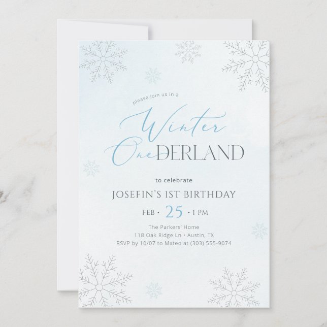 Winter Onederland Silver Blue Glitter 1st Birthday Einladung (Vorderseite)