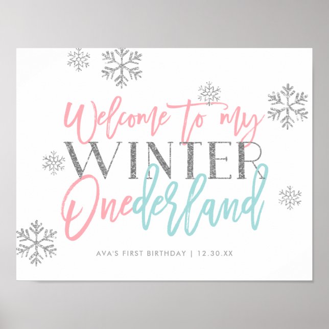 Winter ONEderland Silver Glitzer Begrüßungszeichen Poster (Vorne)
