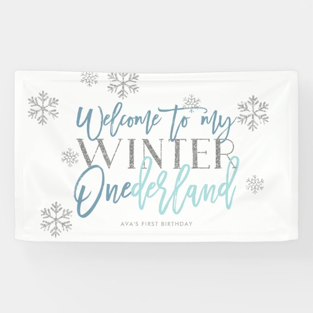 Winter ONEderland Silver Glitzer Blue Begrüßungsze Banner (Horizontal)