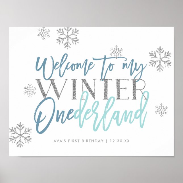 Winter ONEderland Silver Glitzer Blue Begrüßungsze Poster (Vorne)