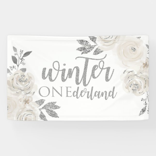 Winter Onederland Silver Glitzer Blume Banner (Horizontal)