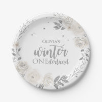 Winter Onederland Silver Glitzer Floral Paper Plat