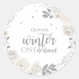 Winter Onederland Silver Glitzer Floral Runder Aufkleber