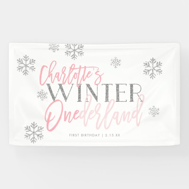 Winter ONEderland Silver Glitzer Pink CUSTOM Banner (Horizontal)