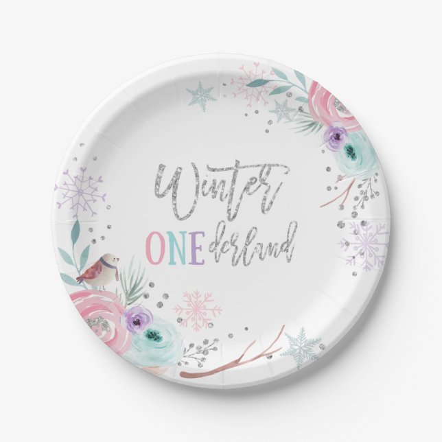 Winter ONEderland Silver Glitzer Pink Floral Girl Pappteller (Vorderseite)