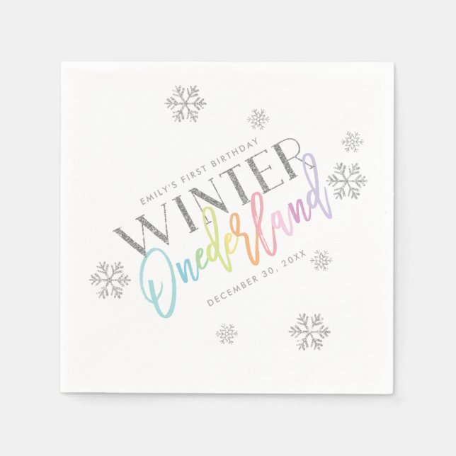 Winter ONEderland Silver Glitzer Rainbow 1st Bday Serviette (Vorderseite)