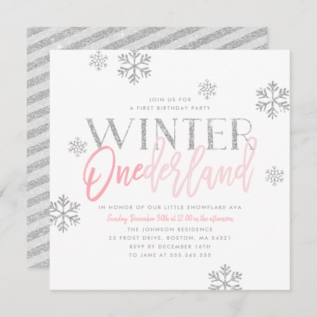 Winter ONEderland Silver Glitzer Rosa 1. Geburtsta Einladung (Vorne/Hinten)
